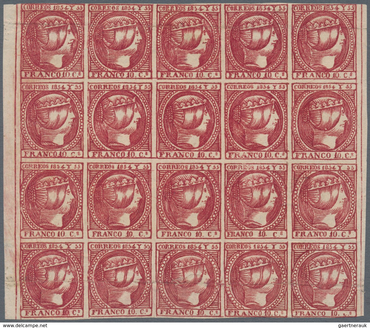 00394 Philippinen: 1854, 10 Cuartos Dark Carmine, A Left And Right Margin Block Of 20 (4x5), Unused No Gum - Filippine