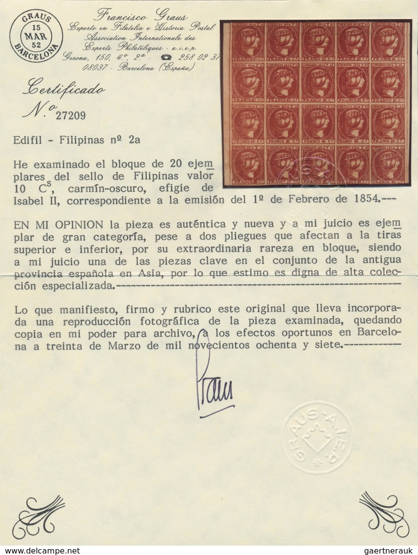 00394 Philippinen: 1854, 10 Cuartos Dark Carmine, A Left And Right Margin Block Of 20 (4x5), Unused No Gum - Filippijnen