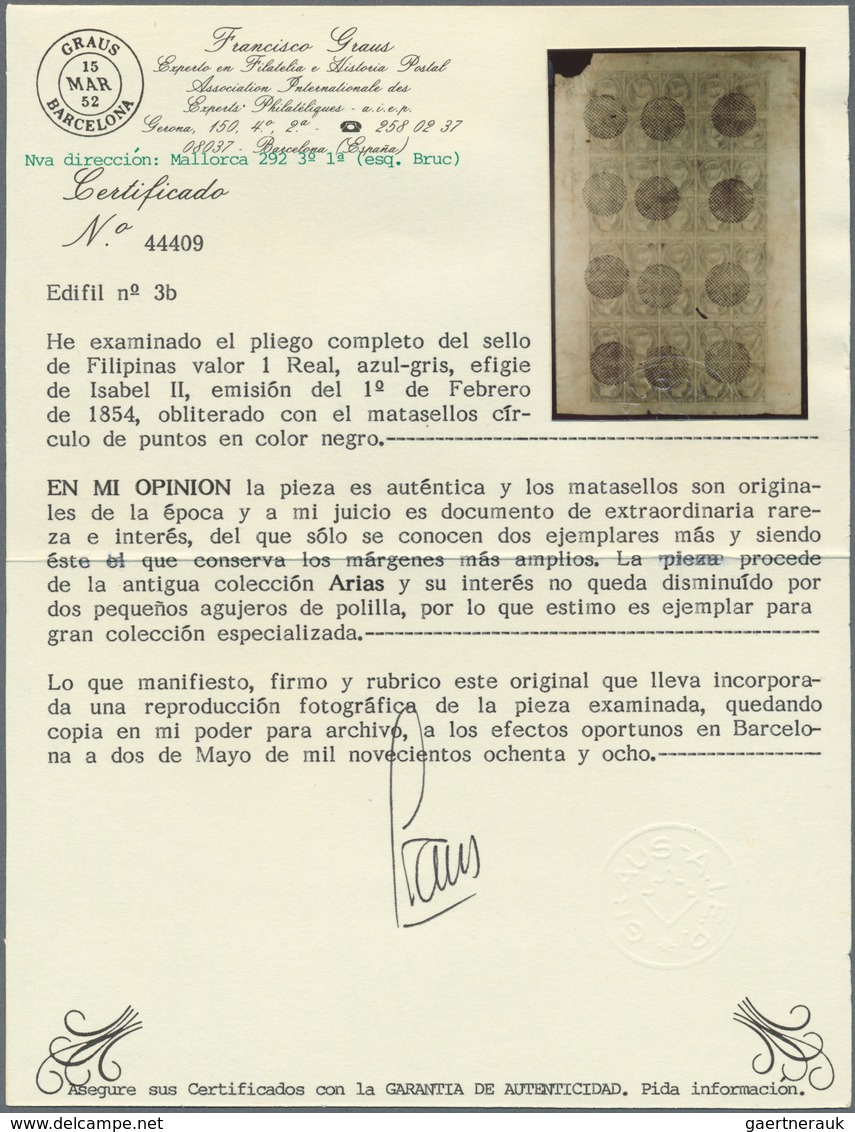 00396 Philippinen: 1854, Isabel II, 1 Real Bluish Grey, Complete Sheet Of 40, Postmarked Circle Of Points. - Filippijnen