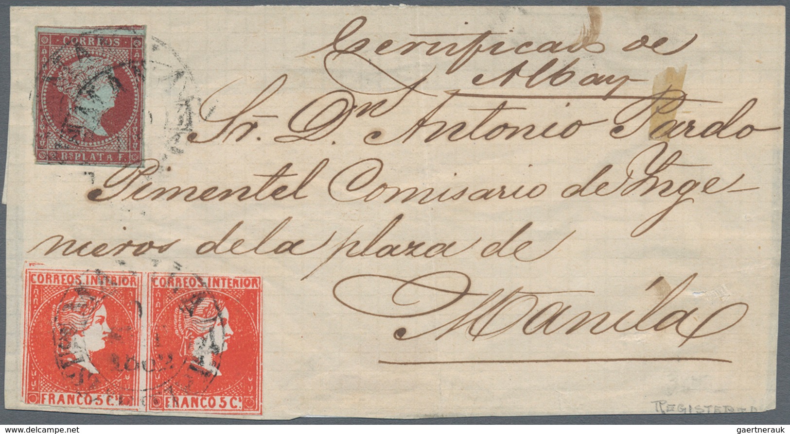 00398 Philippinen: 1856/61, 5 Cuartos Dark Vermilion, Pair And 2 Real Carmine On Bluish Pape Tied "MANILA - Filippine