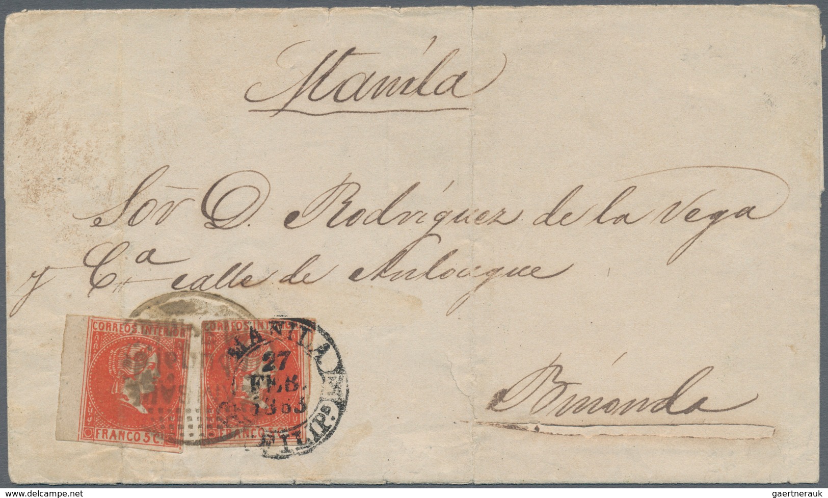 00400 Philippinen: 1863, 5 Cuartos Vermillon (2, One Left Margin Copy) Tied Oval "ZAMBALES / TRIBUNAL / DE - Philippinen