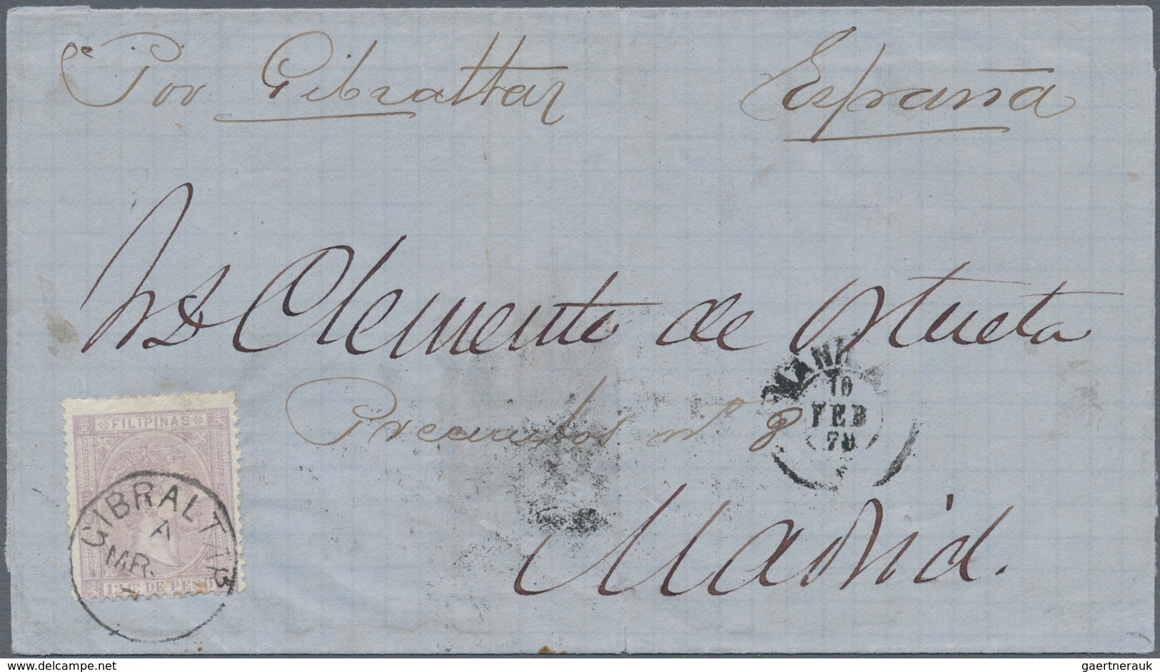 00405 Philippinen: 1876/77, 12 C.violet Tied In Transit By British "GIBRALTAR" On Folded Envelope From "MA - Philippines