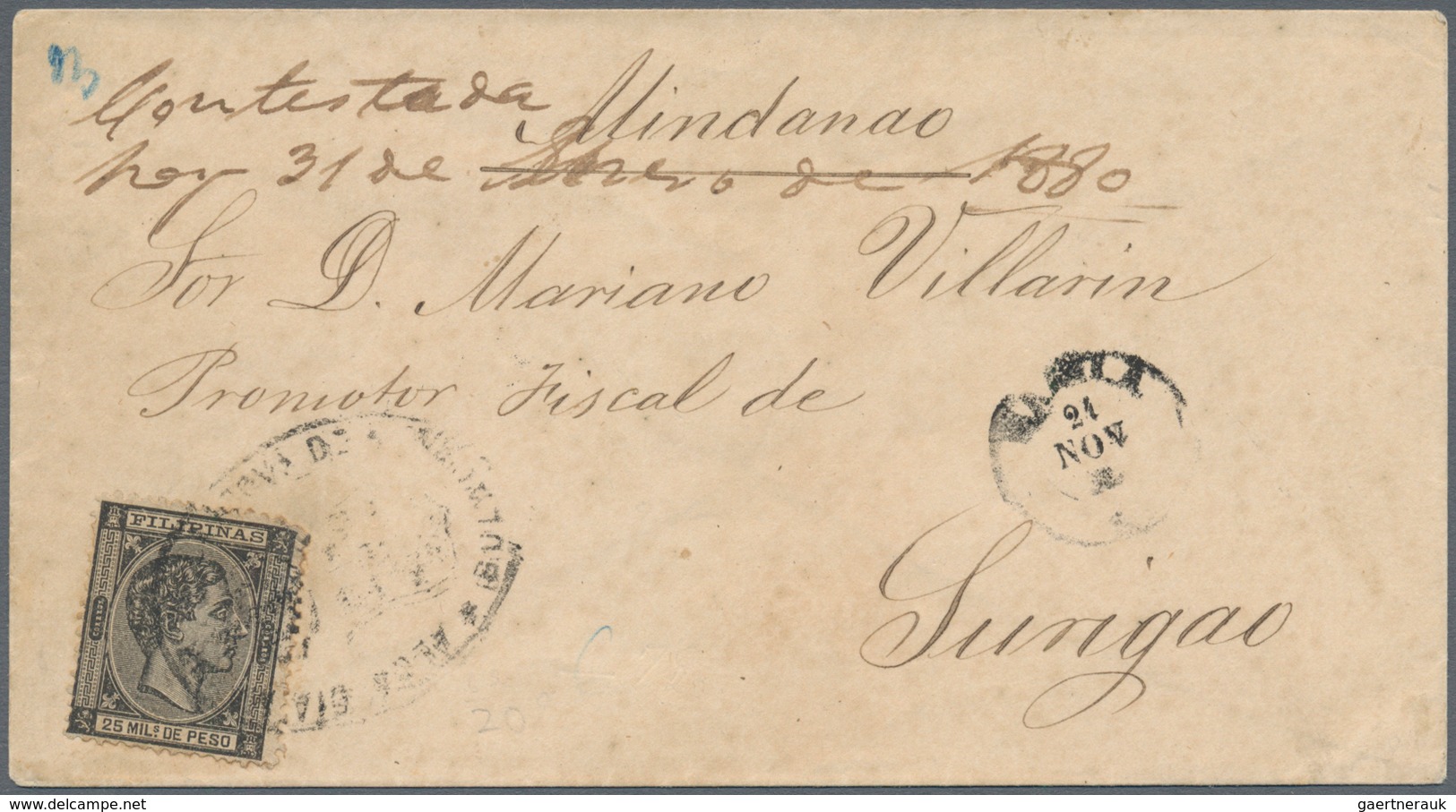 00406 Philippinen: 1878, 25 Mils. Black On Cover From Bulacan To Surigao (Mindanao), Canc. "Alc. Mayor De - Philippines