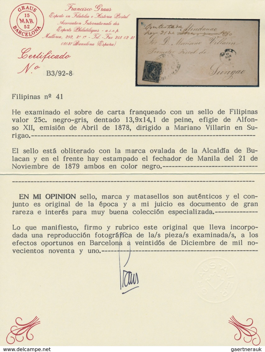 00406 Philippinen: 1878, 25 Mils. Black On Cover From Bulacan To Surigao (Mindanao), Canc. "Alc. Mayor De - Filippijnen