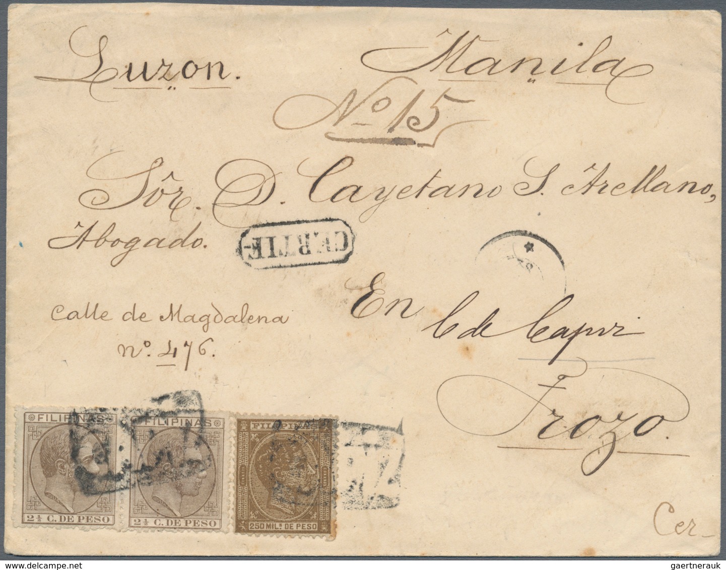00407 Philippinen: 1879/80, 250 Mils.brown, 2 ½ Cts Brown (horizontal Pair), On Registered Cover From Capi - Philippinen