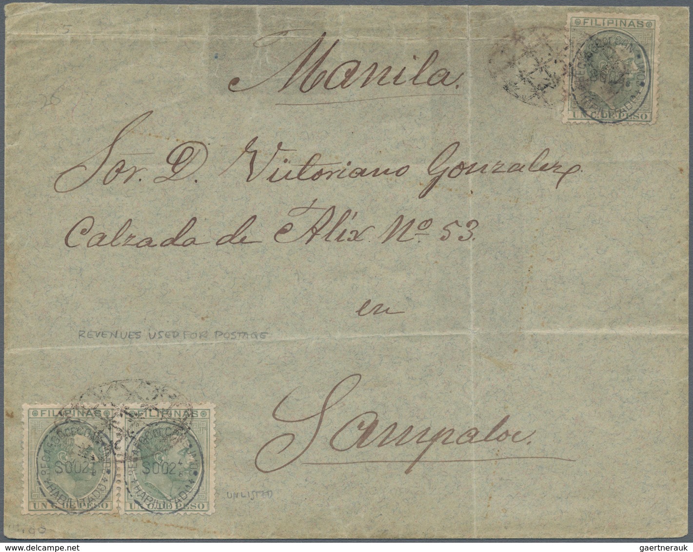 00408 Philippinen: 1880 (ca.), Fiscals Used For Postage: Blue "habilitado / Recargo De Consumo S002 2 4/8" - Filippijnen