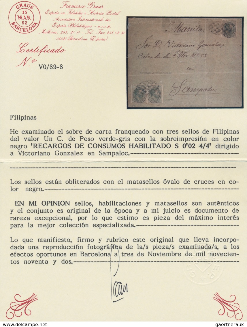 00408 Philippinen: 1880 (ca.), Fiscals Used For Postage: Blue "habilitado / Recargo De Consumo S002 2 4/8" - Filippine