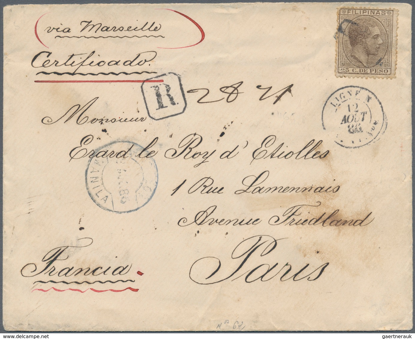 00410 Philippinen: 1880/83, 25 Cts. Brown Tied "R" To Cover From Manila To Paris W. Blue "MANILA 8 AUG 86" - Philippines