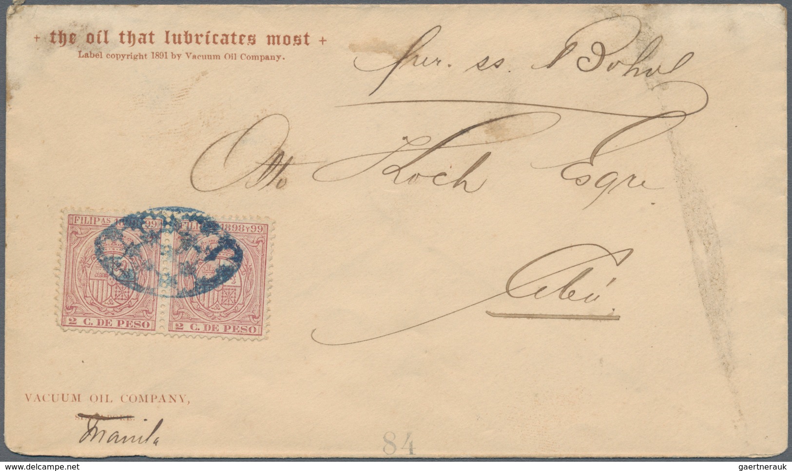 00412 Philippinen: 1898, Fiscal Stamp 2 Cts Carmine, A Horizontal Pair, Tied Blue Parilla To Cover From Ma - Philippines