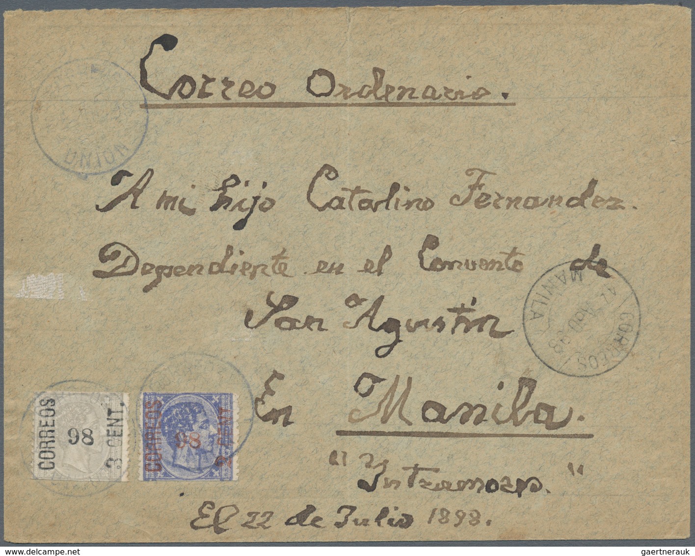 00414 Philippinen: 1898, 3 Cts. Violet And 2 Cts. Blue On Stamps Alfonso XII, Legend And Face Value Sectio - Filippijnen