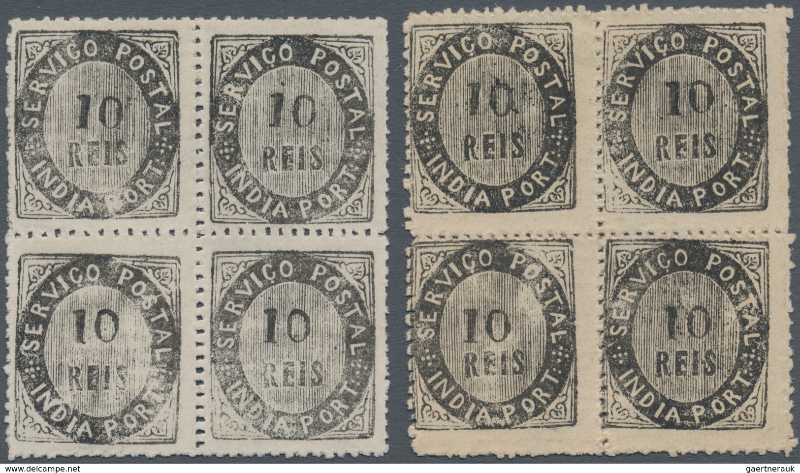 00418 Portugiesisch-Indien: 1871, Type II/tipos II, Mint: 10 R. Striped Paper, Block Of Four (2), White Or - Portugiesisch-Indien