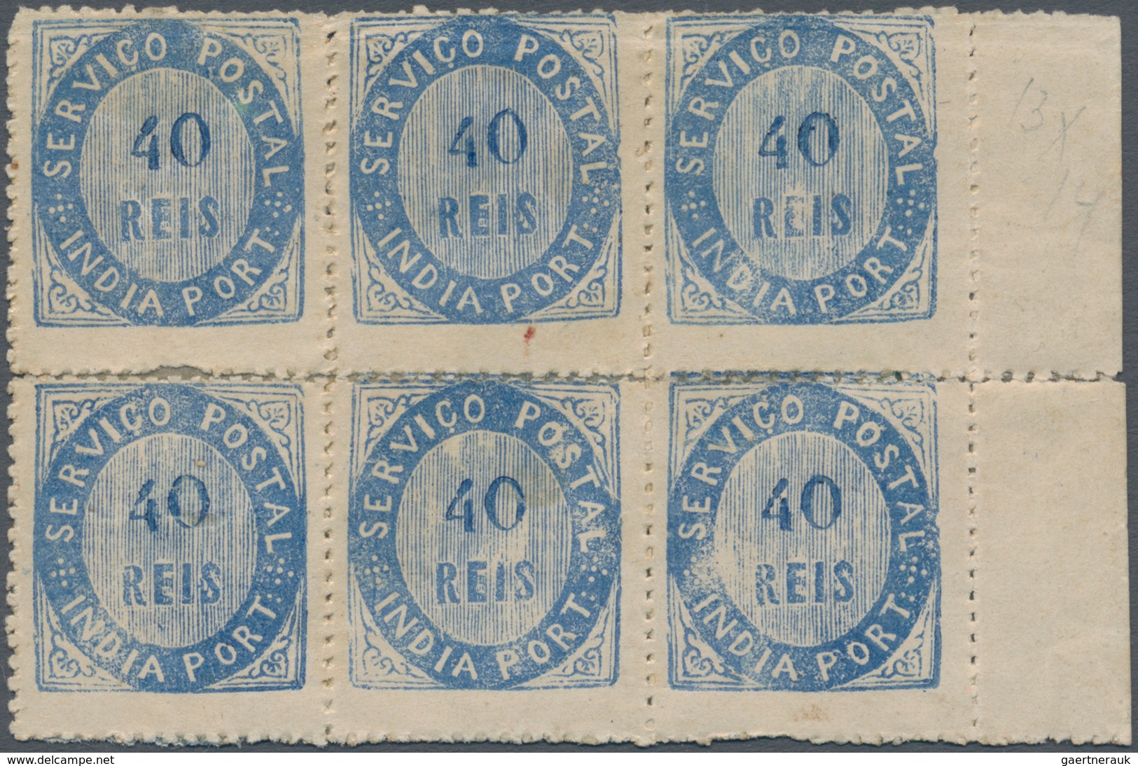 00423 Portugiesisch-Indien: 1871, Type II, 40 R. Dark Blue On Thick Paper, A Right Margin Block Of 6 (3x2) - Portugiesisch-Indien