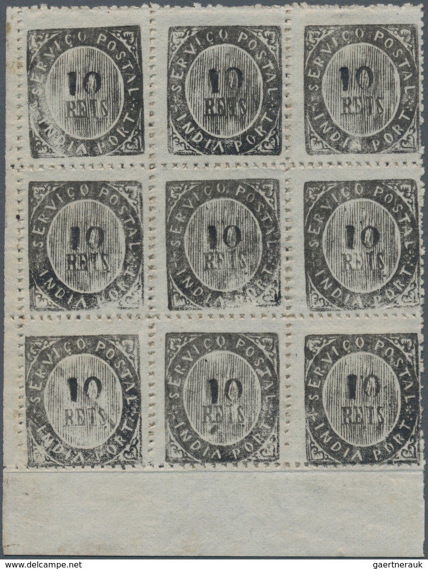 00426 Portugiesisch-Indien: 1873, Type IA And IB, 1 10 R. Black, A Bottom Margin Block-9 (3x3), Consisitin - Portugiesisch-Indien