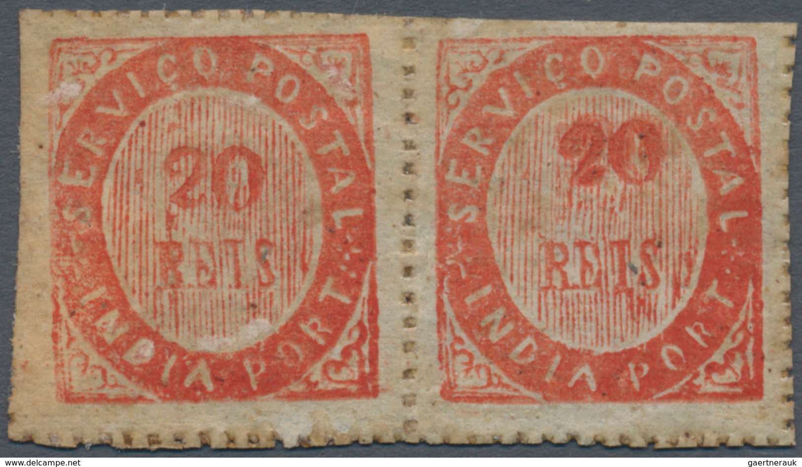 00428 Portugiesisch-Indien: 1873, Type I 20 R. Vermilion, A Horizontal Pair, Right Stamp With Double Impre - Portugees-Indië
