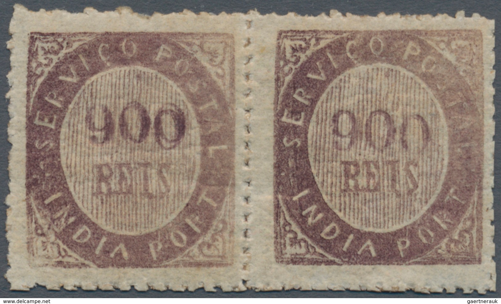 00432 Portugiesisch-Indien: 1873, Type IA, 900 R. Dark Violet, A Horizontal Pair With Double Impression Of - India Portoghese