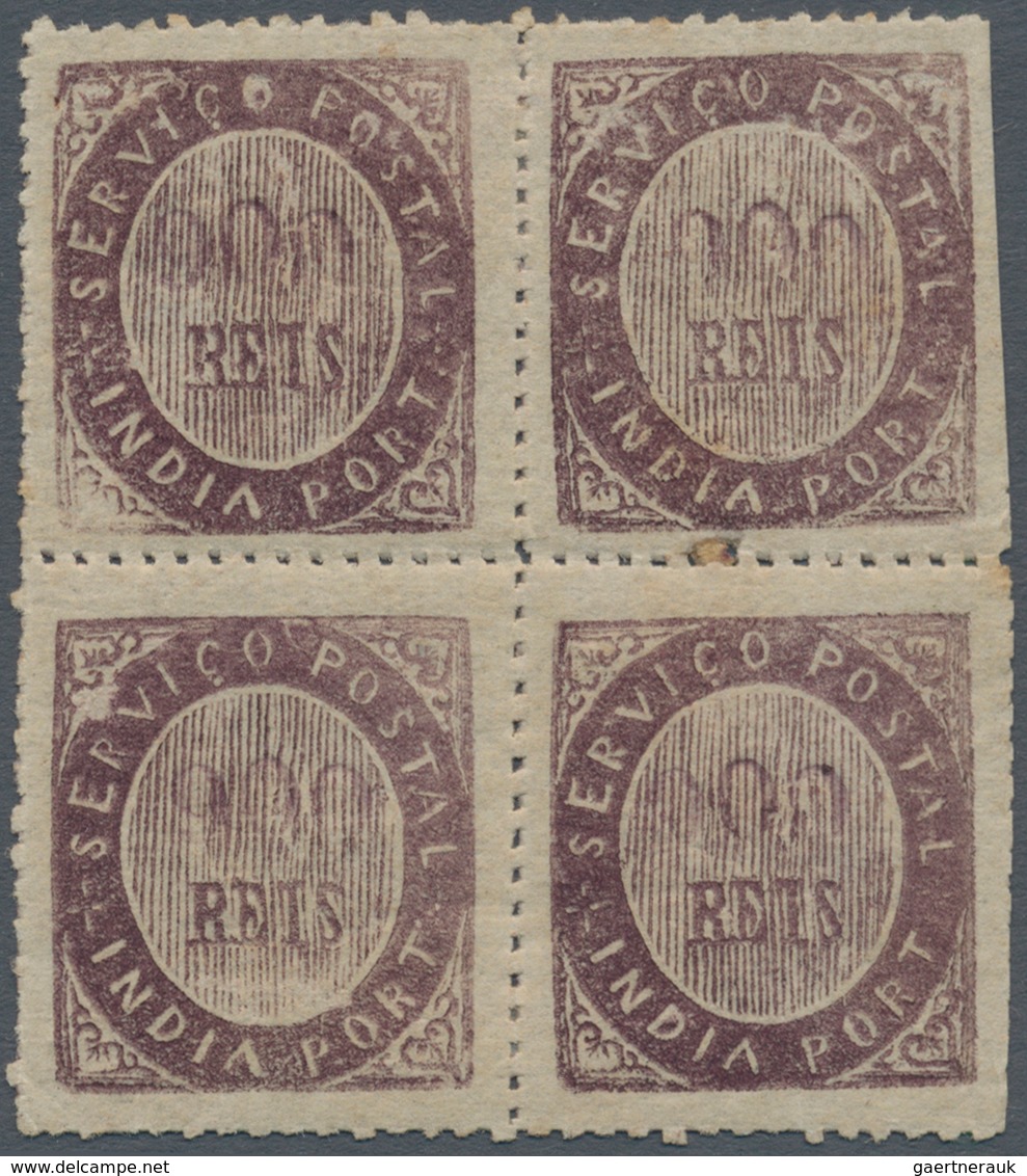 00433 Portugiesisch-Indien: 1873, Type IA, 900 R. Dark Violet, A Block Of Four, 1 Double Impression Of Val - Portugees-Indië