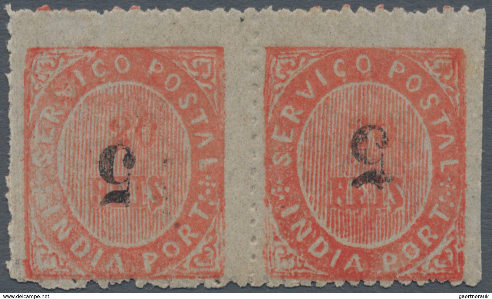 00441 Portugiesisch-Indien: 1881, Local Surcharge A, Type I D, 5 R. On 20 R., A Horizontal Pair Both With - Inde Portugaise