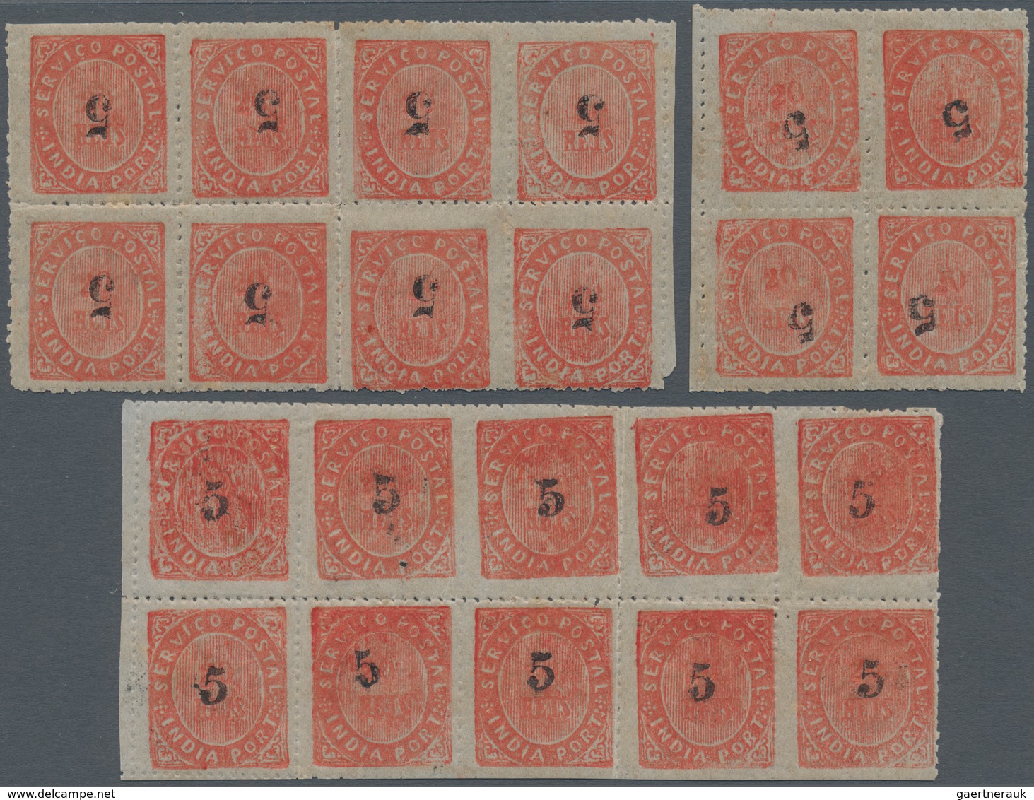 00442 Portugiesisch-Indien: 1881, Local Surcharge Types/tipos I/III-ex Mint: 5 R. On 10 R. (MF62), ID Bloc - India Portoghese
