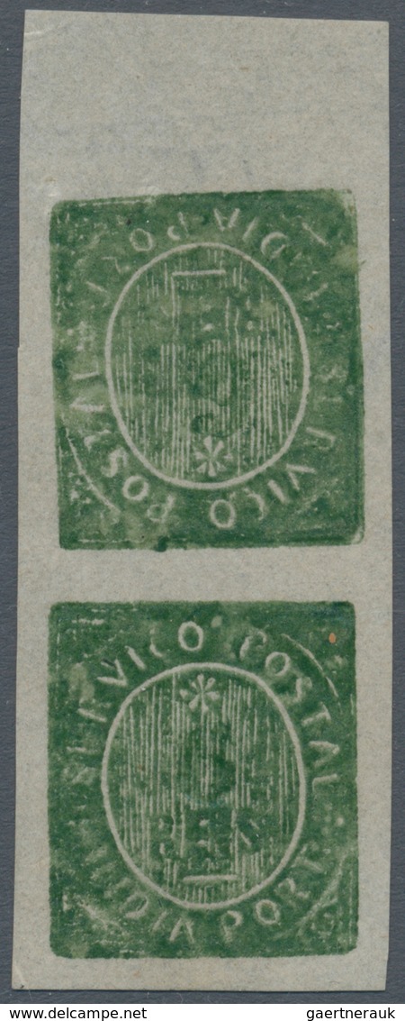 00455 Portugiesisch-Indien: 1883, Local Currency 6 R. Green Type IIID, Vertical Tete Beche Top Margin Pair - Portuguese India