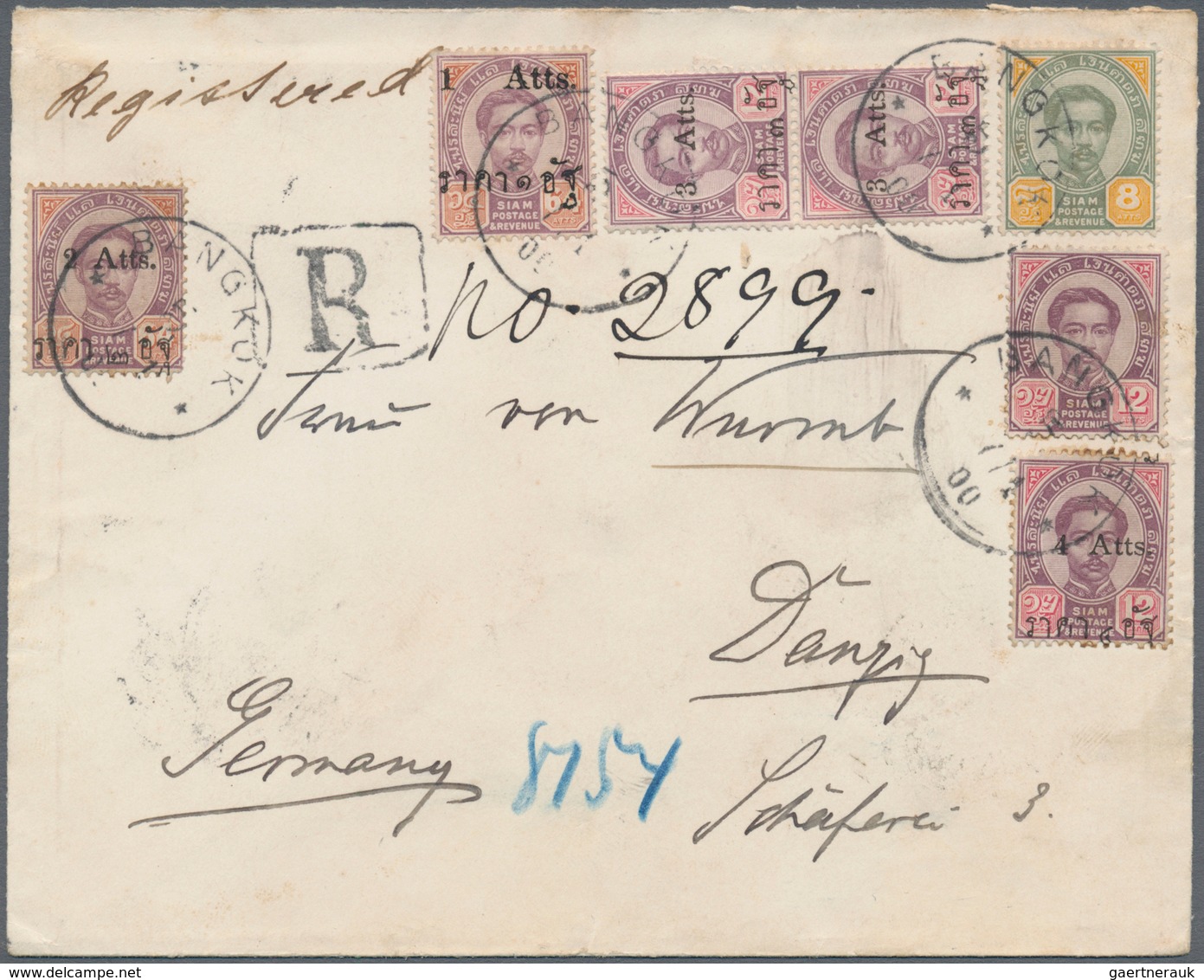 00463 Thailand: 1887, 8 A., 12 A. And 1894, 1 Att./64 A., 2 Atts./64 A., 3 Atts./3 A. (pair), 4 Atts./12 A - Tailandia