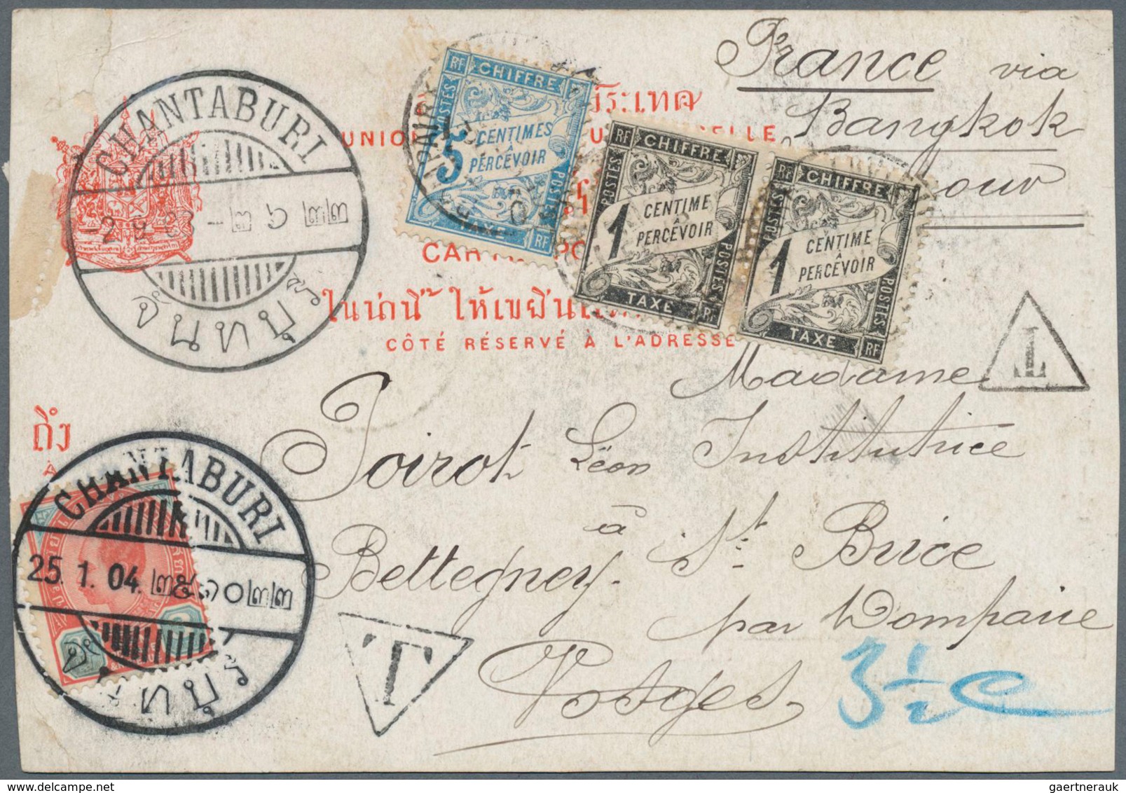 00464 Thailand: 1903, Picture Postcard To France, Initially Franked On Picture Side With 1 A Green King Ch - Tailandia
