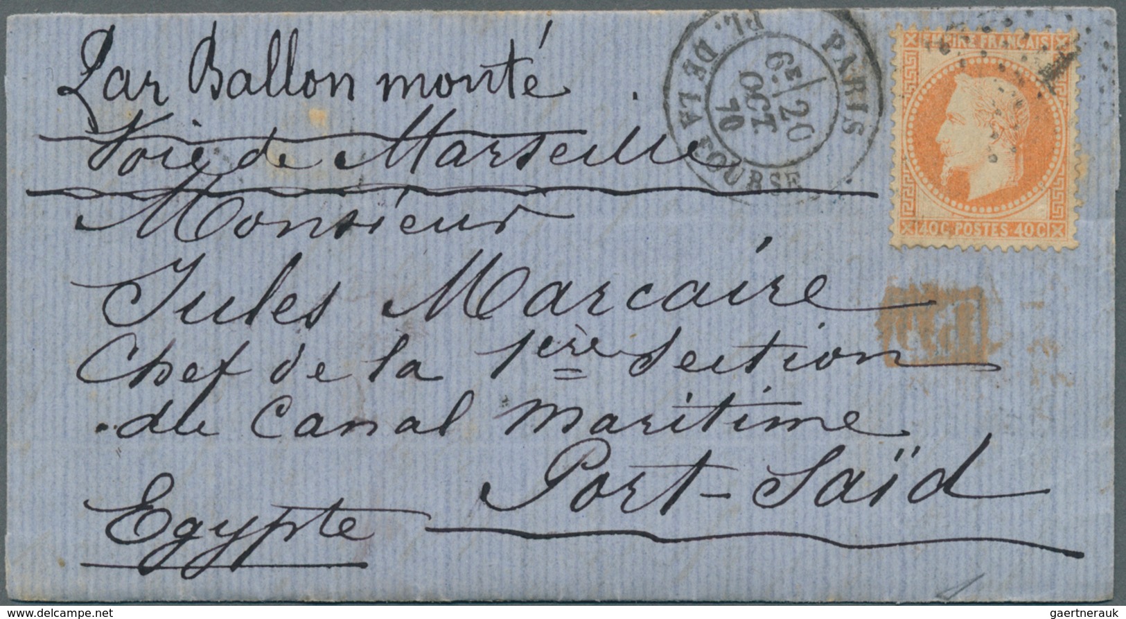 00468 Ägypten: 1870 (20 Oct) BALLON MONTÉ TO EGYPT: Entire Letter From Paris To Port Said, Sending Instruc - 1915-1921 Brits Protectoraat