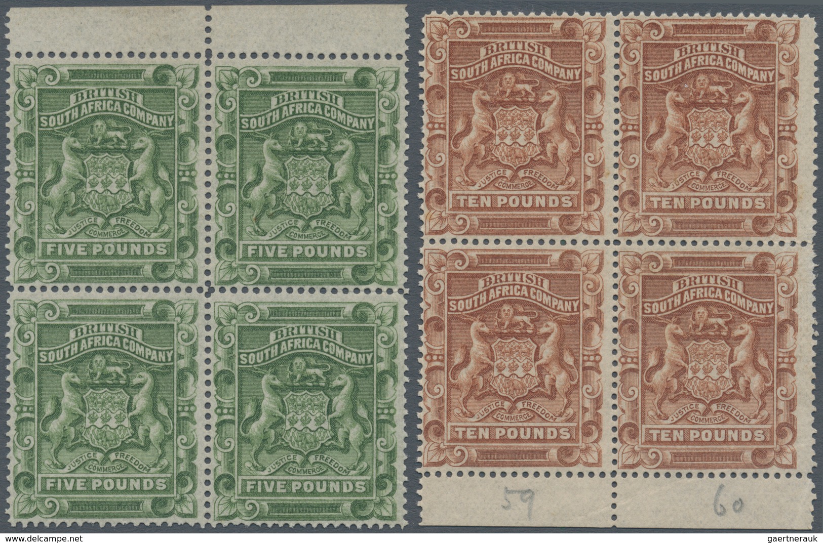 00479 Britische Südafrika-Gesellschaft: 1892, £5 Sage-green And £10 Brown, Two Marginal Blocks Of Four, Un - Non Classés