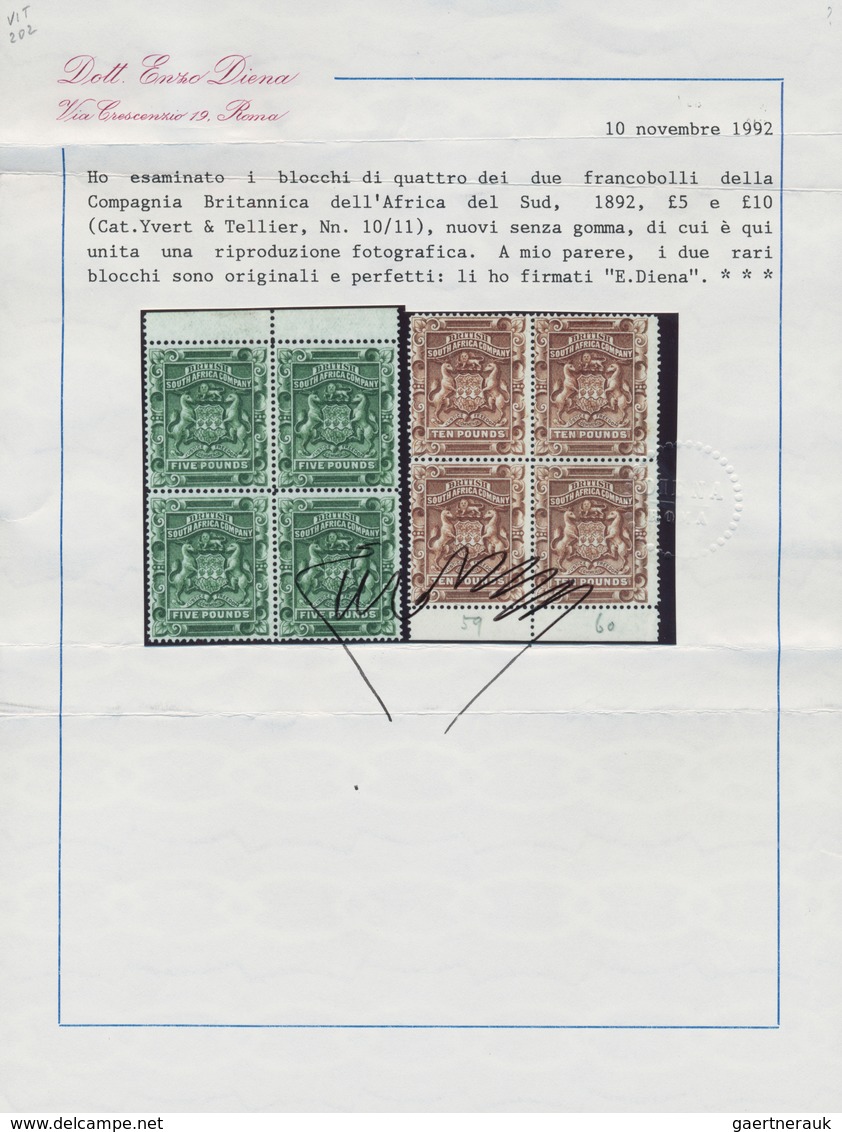 00479 Britische Südafrika-Gesellschaft: 1892, £5 Sage-green And £10 Brown, Two Marginal Blocks Of Four, Un - Non Classificati