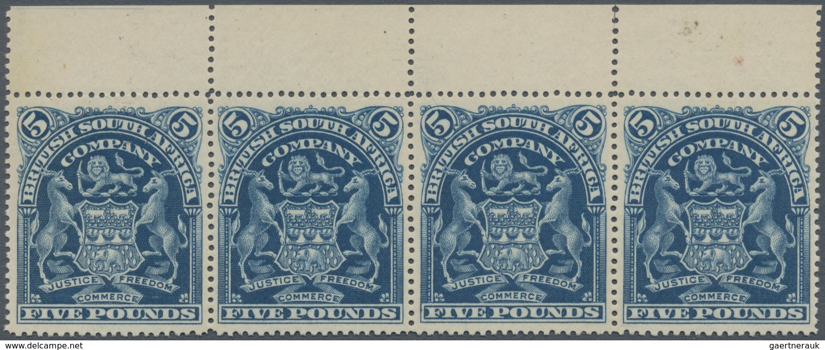 00480 Britische Südafrika-Gesellschaft: 1901, £5 Blue, Top Marginal Horiz. Strip Of Four, Unused No Gum. - Unclassified