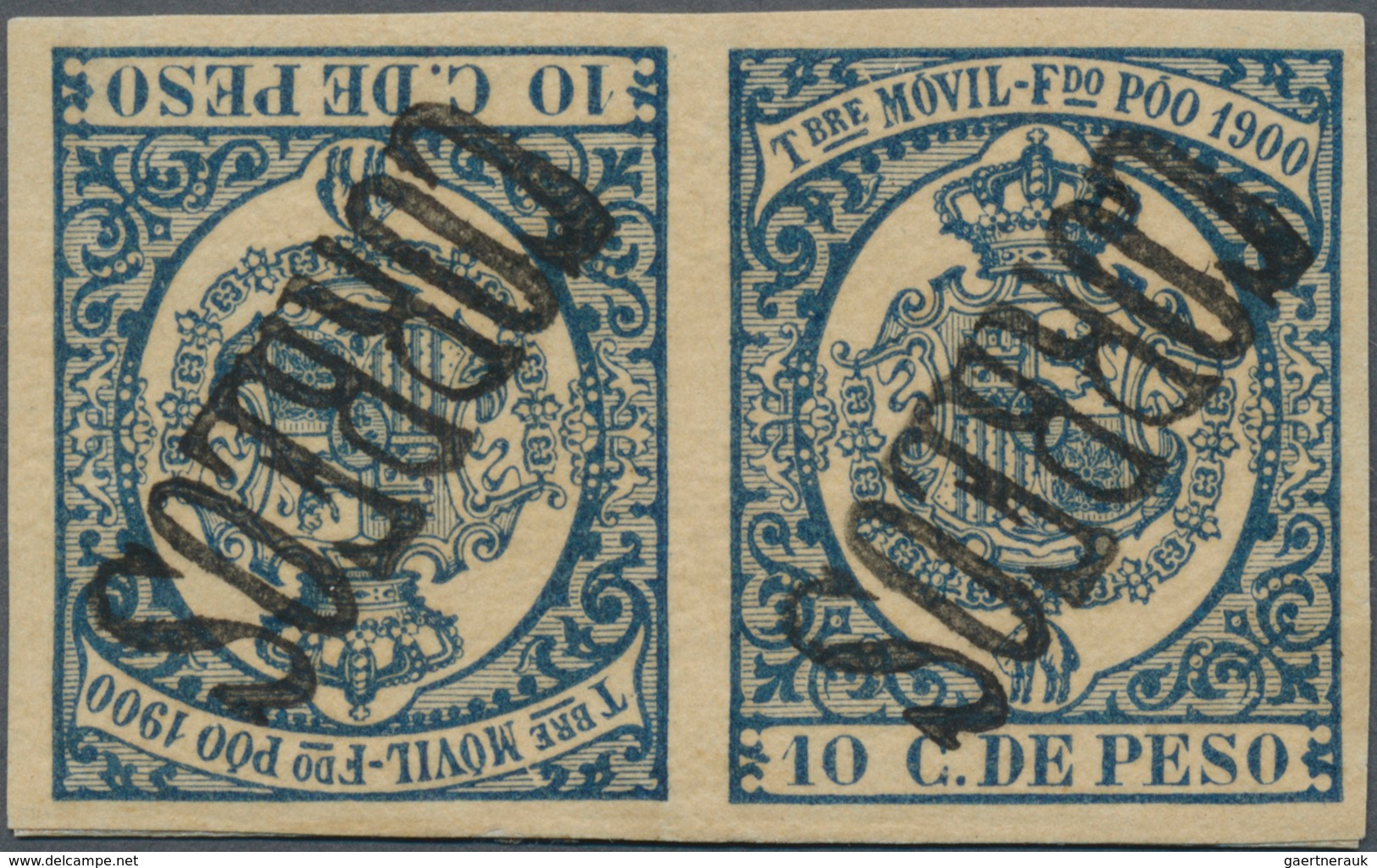 00483 Fernando Poo: 1900, 10c. Blue Fiscal Stamp, Horiz. Tête-bêche Pair With BLACK Overprint (resulting I - Fernando Po