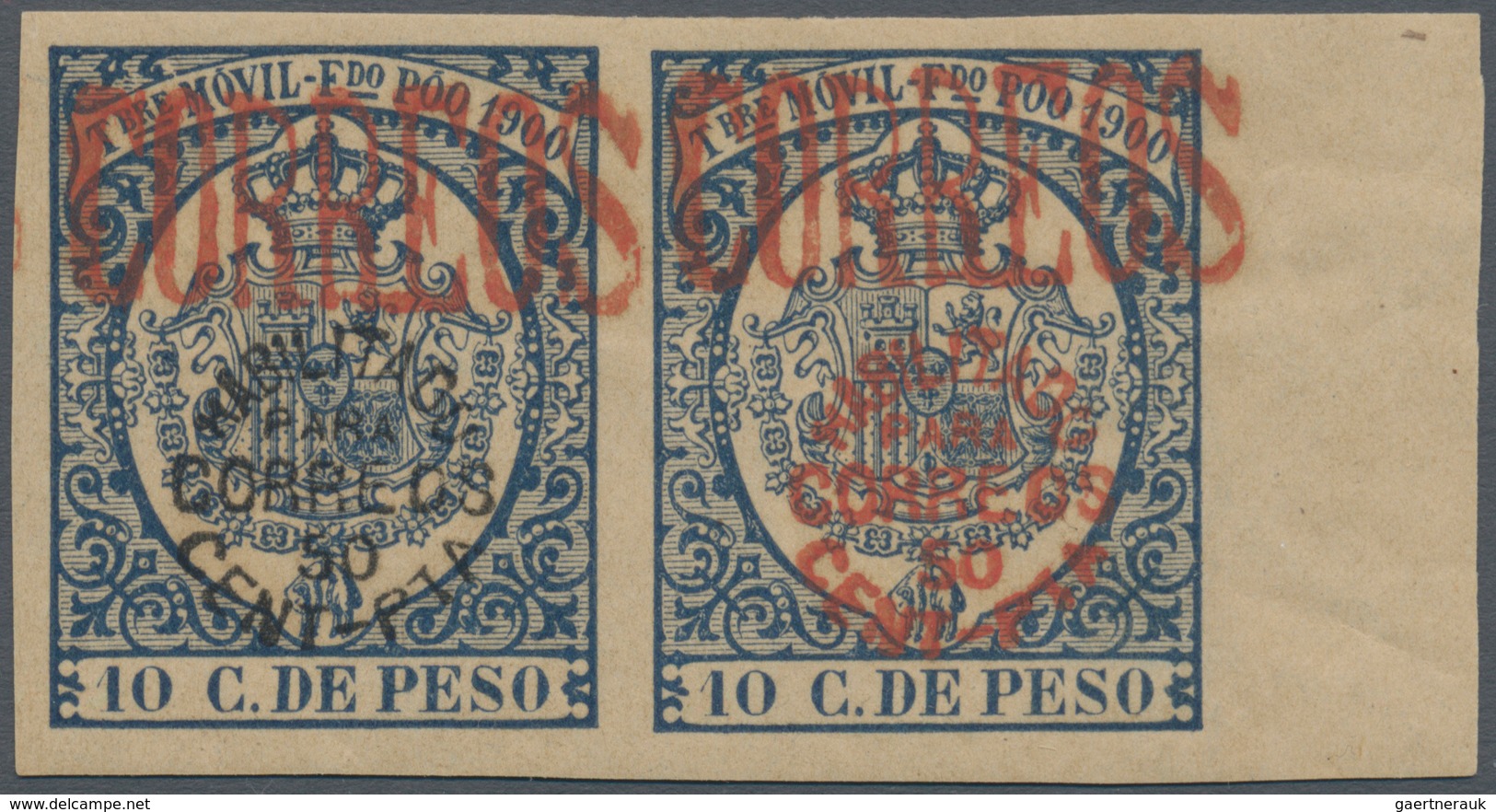 00484 Fernando Poo: 1900, 50c. On 10c. Fiscal Stamp, Right Marginal Horiz. Pair With Red Ovp. "CORREOS" An - Fernando Poo