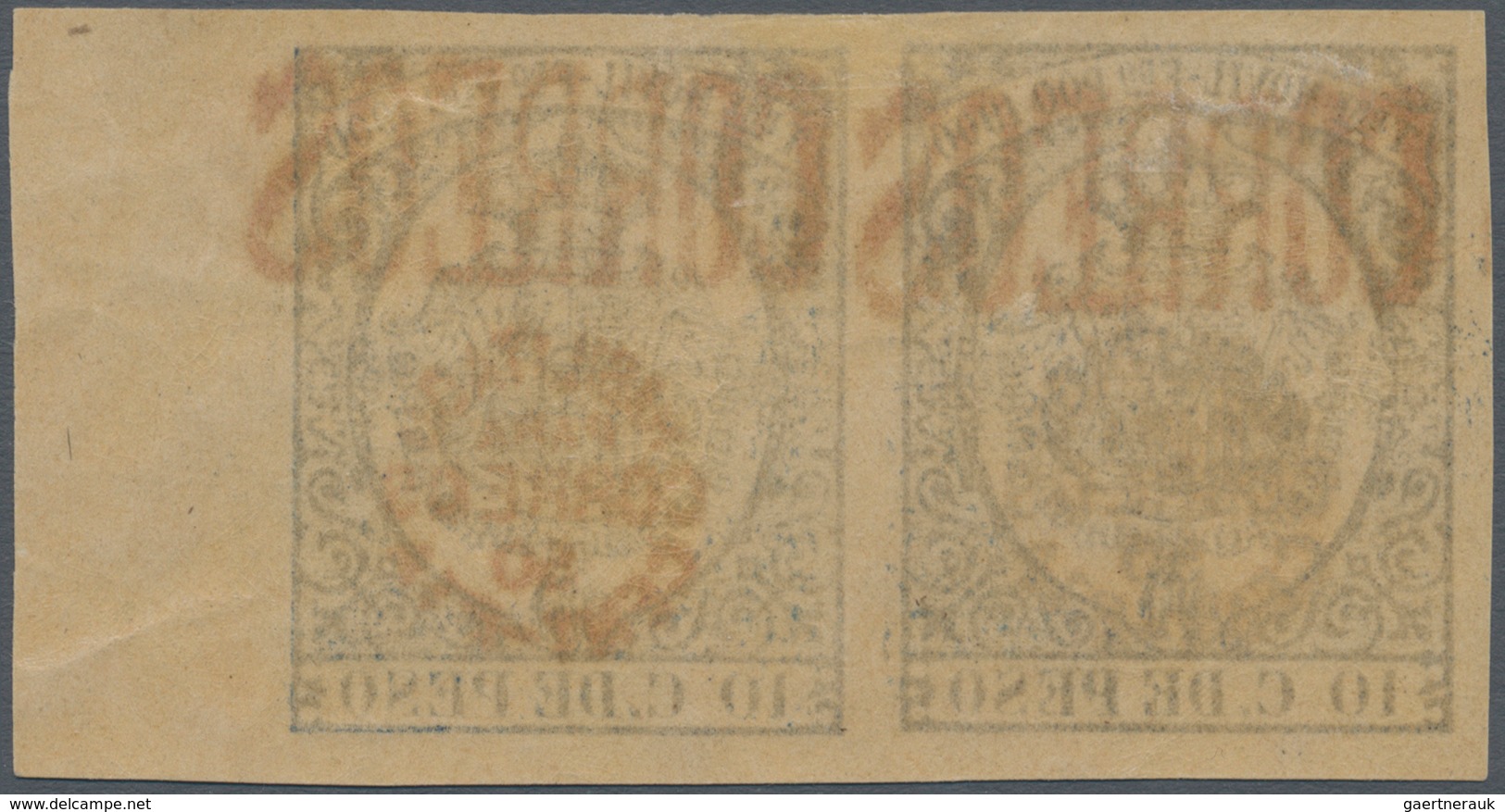 00484 Fernando Poo: 1900, 50c. On 10c. Fiscal Stamp, Right Marginal Horiz. Pair With Red Ovp. "CORREOS" An - Fernando Poo