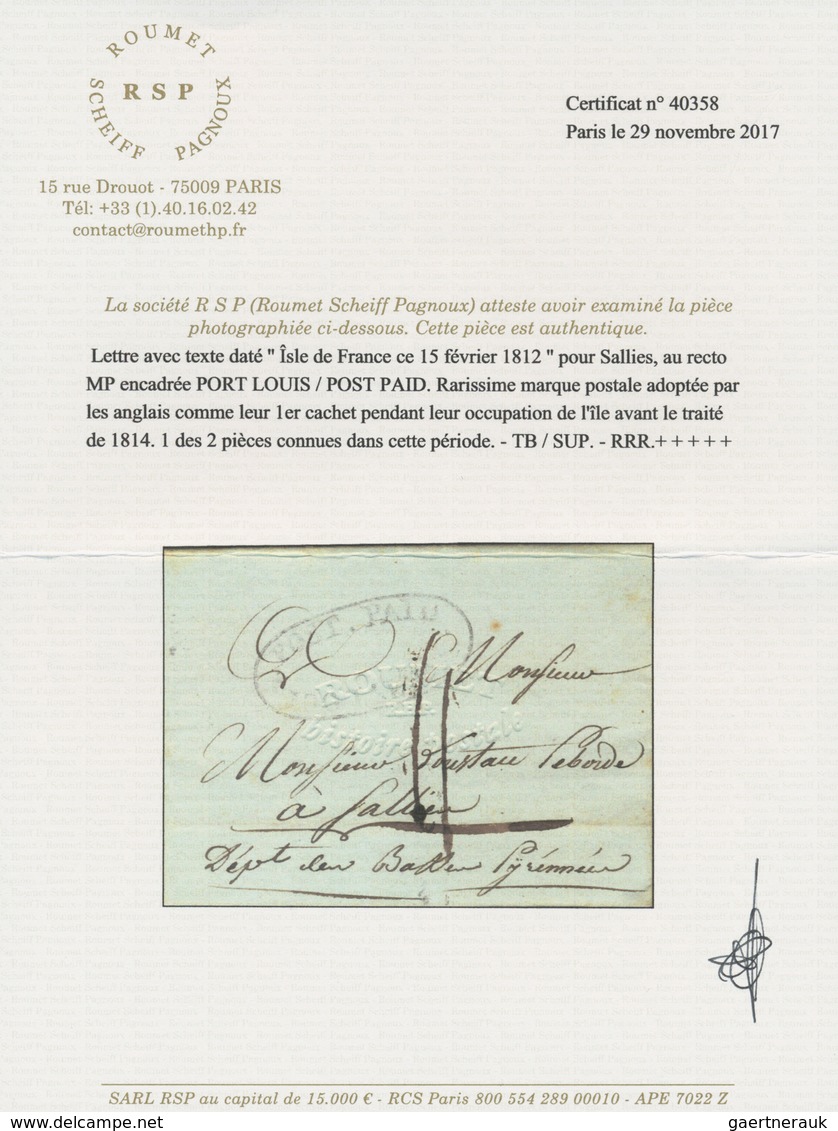 00488 Mauritius: 1812, Entire Letter Dated "Isle De France Ce 15 Fevrier 1812" And Addressed To Sallies/Fr - Maurice (...-1967)