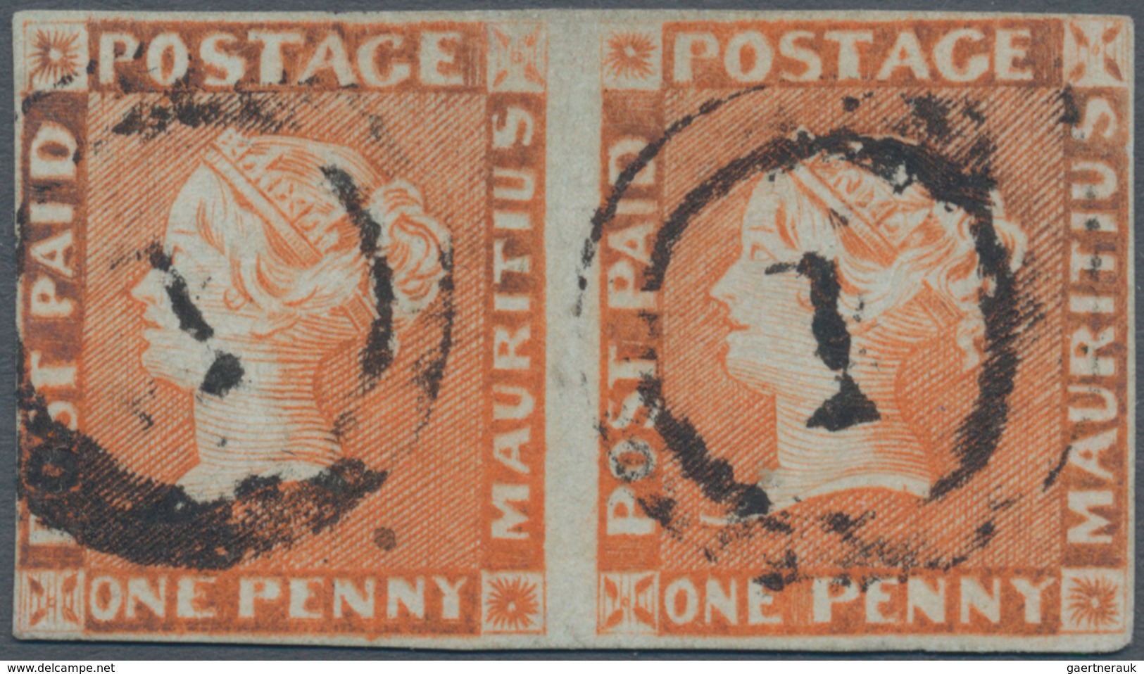 00490 Mauritius: 1848-59 1d. Orange-vermilion On Blue Paper, Early Impression, HORIZONTAL PAIR (Pos. 11+12 - Mauritius (...-1967)