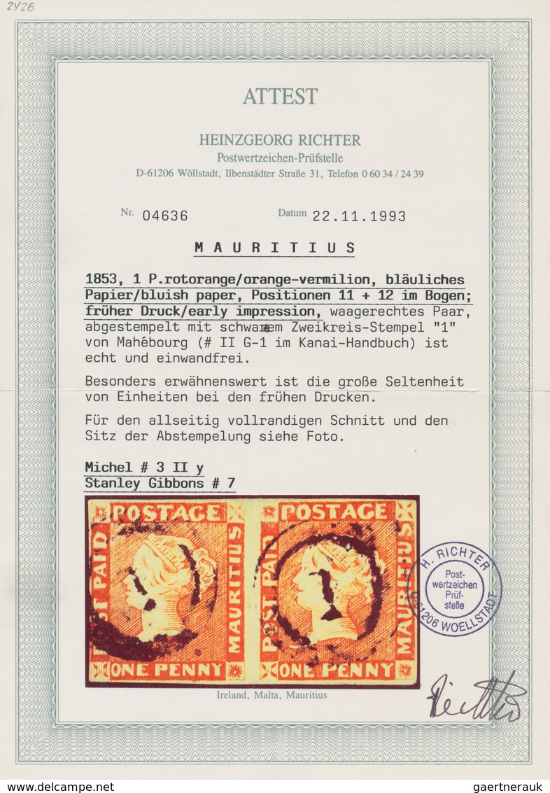 00490 Mauritius: 1848-59 1d. Orange-vermilion On Blue Paper, Early Impression, HORIZONTAL PAIR (Pos. 11+12 - Mauritius (...-1967)