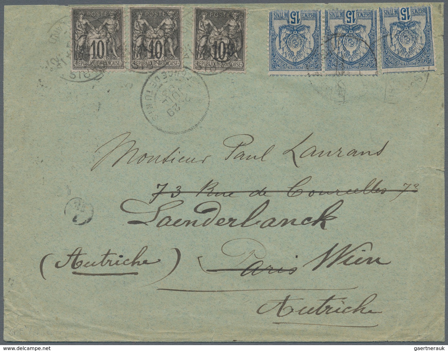 00502 Tunesien: 1893, 3 X 15 C Blue, Multiple Franking On Cover, Sent Via Transit TUNIS, 30 JUIL.93, To Pa - Tunisia