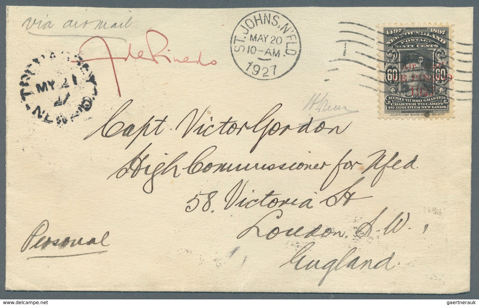 00506 Neufundland - Flugpost: 1927 May 20: THE PINEDO & PRETE FLIGHT - Envelope With 1927 60c Black Tied B - Einde V/d Catalogus (Back Of Book)