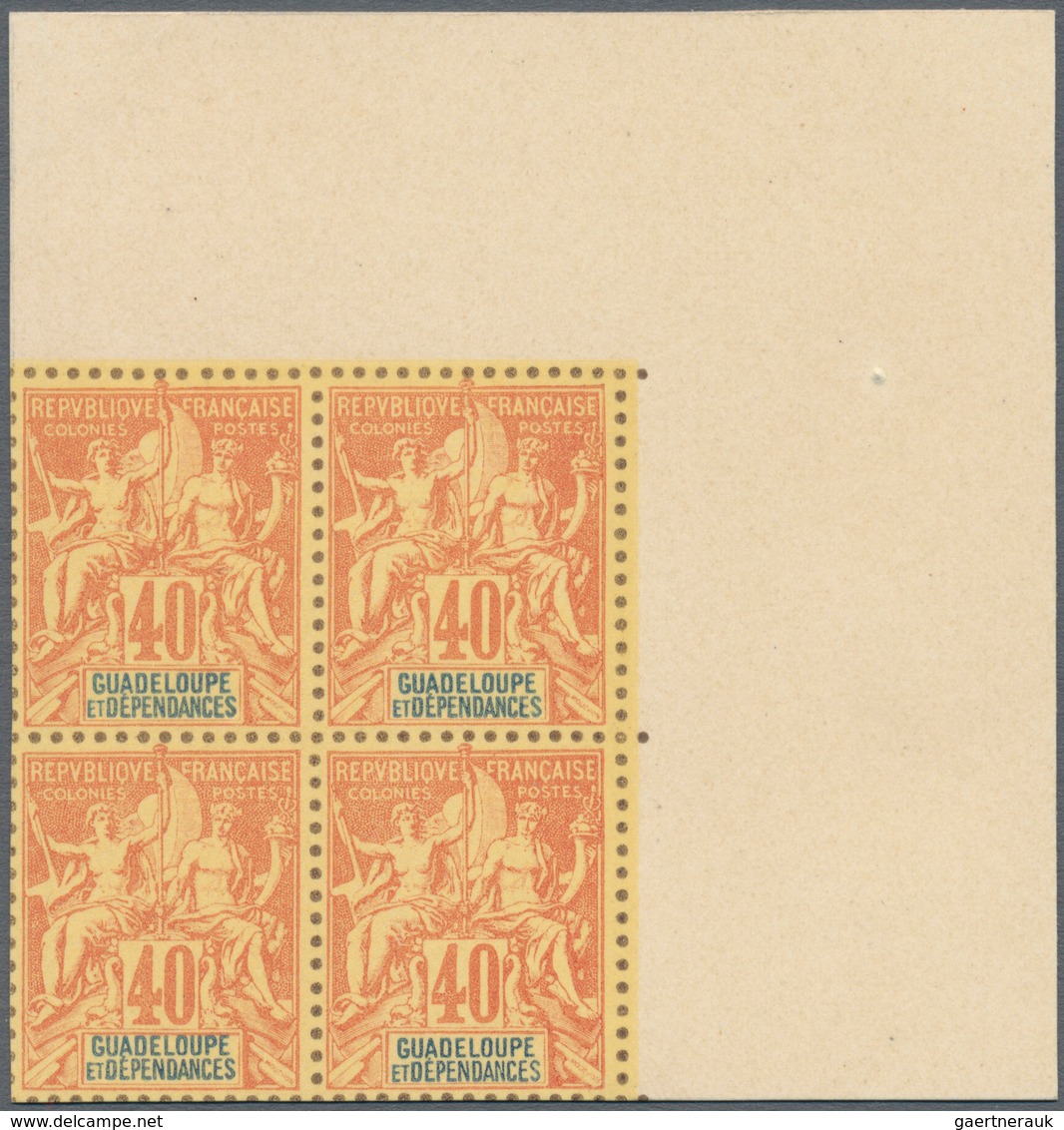 00509 Guadeloupe: 1892, Complete Serie Of Definitives From 1 C To 1 F, In Total 13 Blocks Of 4, Printed On - Storia Postale