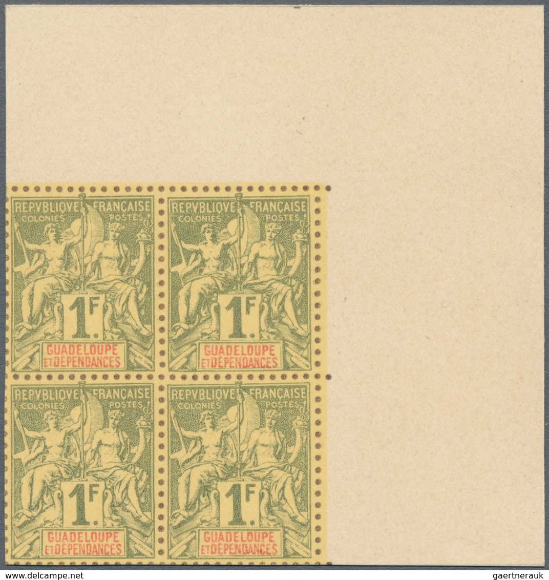 00509 Guadeloupe: 1892, Complete Serie Of Definitives From 1 C To 1 F, In Total 13 Blocks Of 4, Printed On - Brieven En Documenten