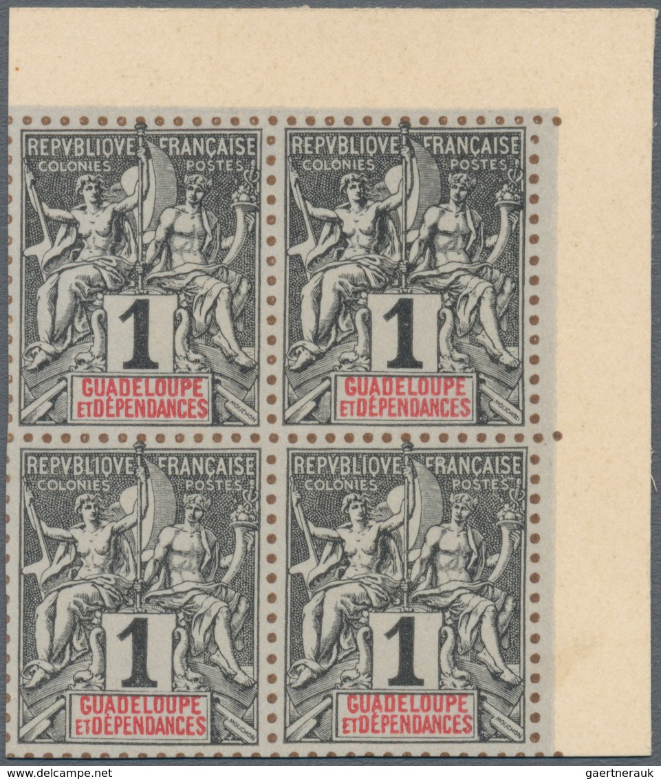 00509 Guadeloupe: 1892, complete serie of definitives from 1 c to 1 F, in total 13 blocks of 4, printed on