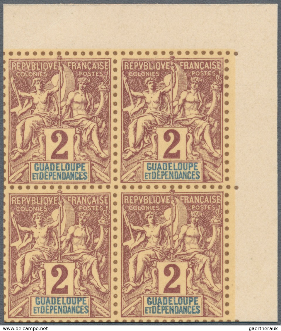 00509 Guadeloupe: 1892, complete serie of definitives from 1 c to 1 F, in total 13 blocks of 4, printed on