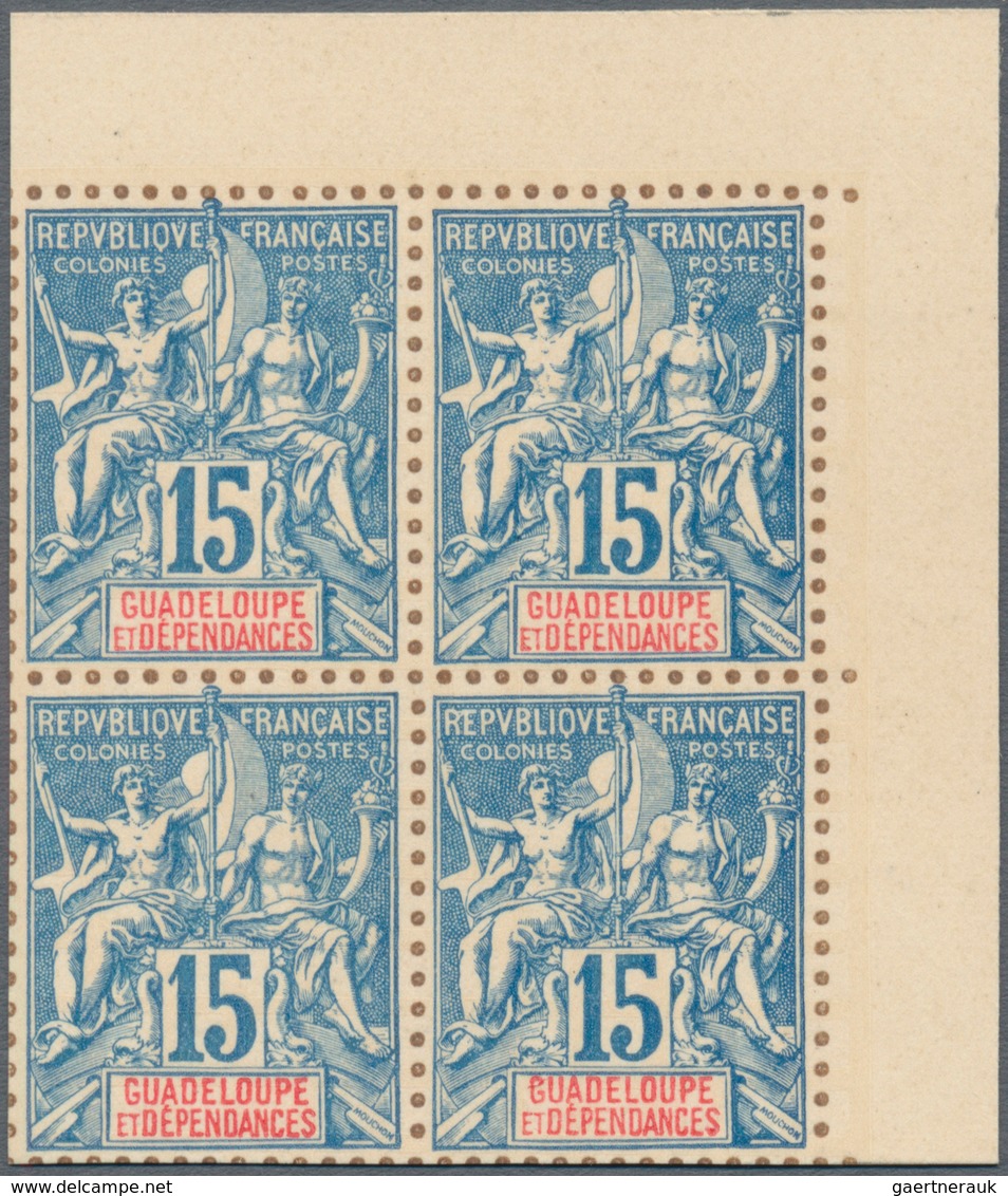 00509 Guadeloupe: 1892, complete serie of definitives from 1 c to 1 F, in total 13 blocks of 4, printed on