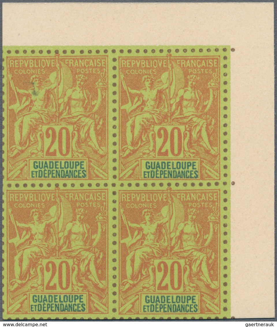 00509 Guadeloupe: 1892, complete serie of definitives from 1 c to 1 F, in total 13 blocks of 4, printed on