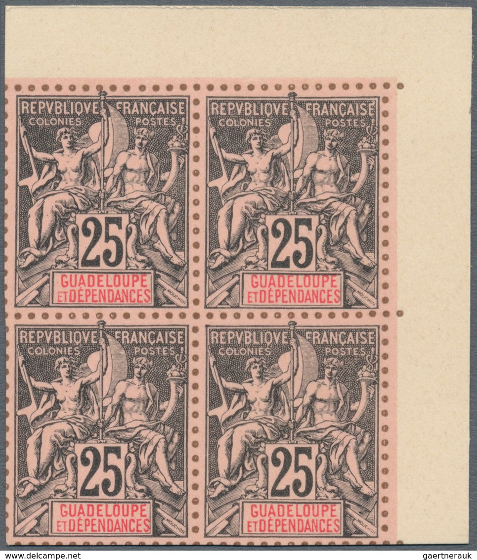 00509 Guadeloupe: 1892, complete serie of definitives from 1 c to 1 F, in total 13 blocks of 4, printed on