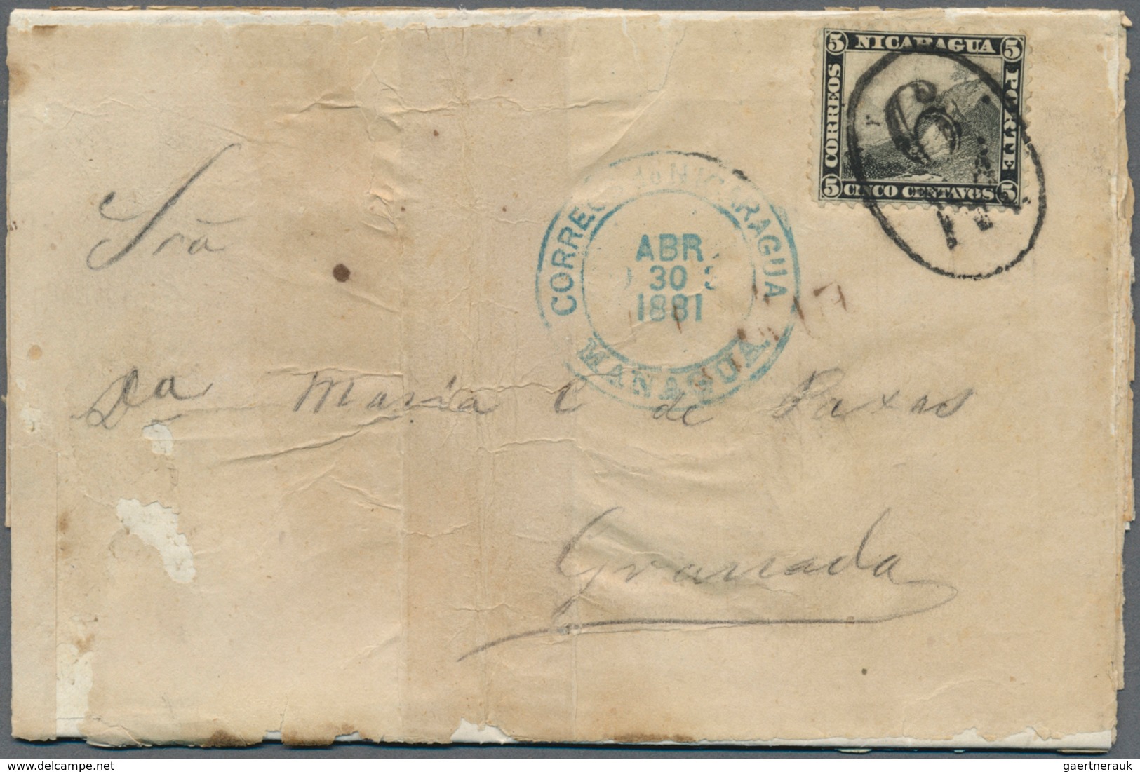 00513 Nicaragua: 1881, 5c. Black 1869-71 Issue On White Paper, Perf. 12, On Thin Paper Folded Envelope Tie - Nicaragua