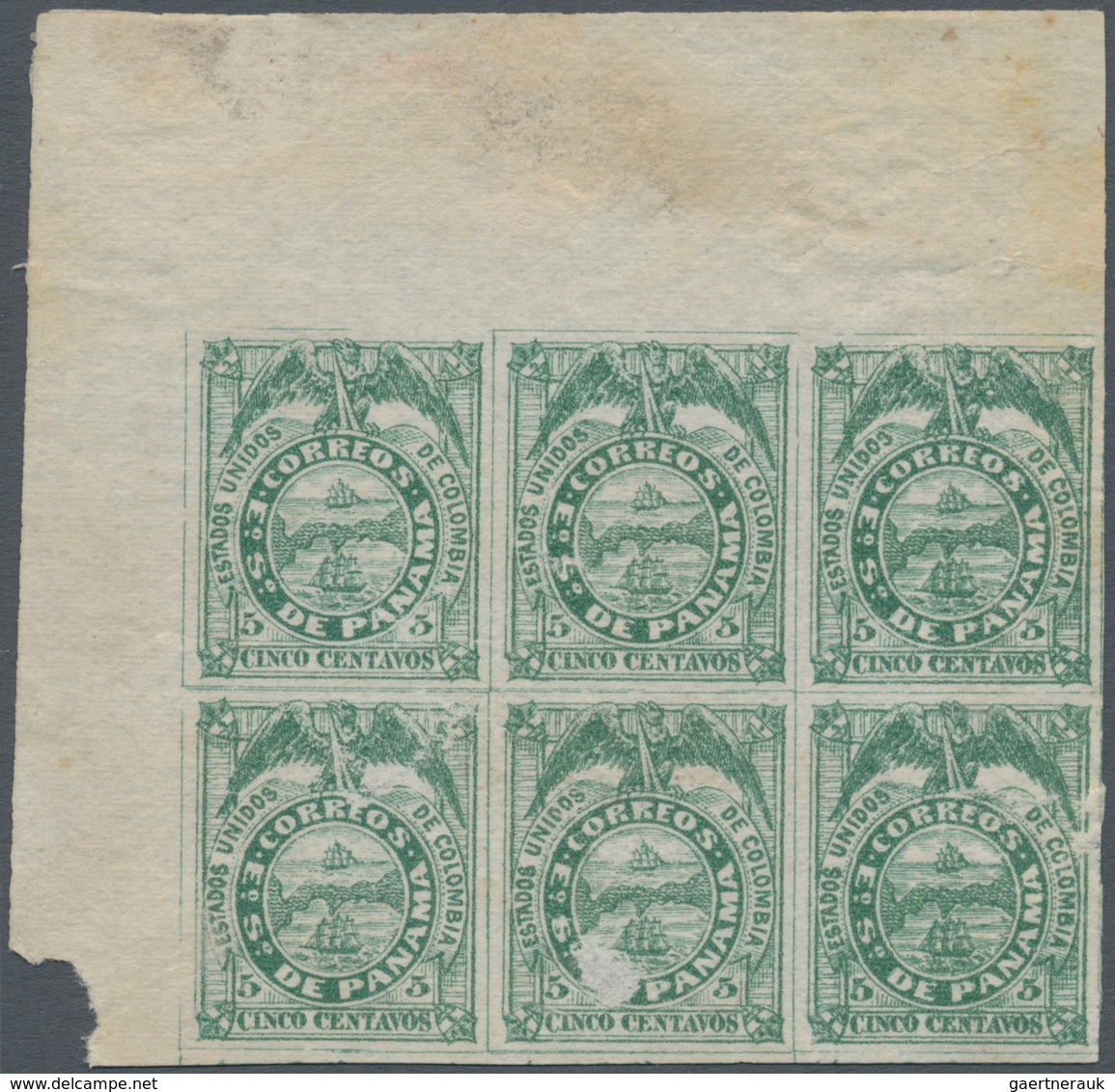 00515 Panama: 1878 5c. Bluish Green, Third Impression On Medium Thick Paper, TOP LEFT CORNER MARGINAL BLOC - Panama