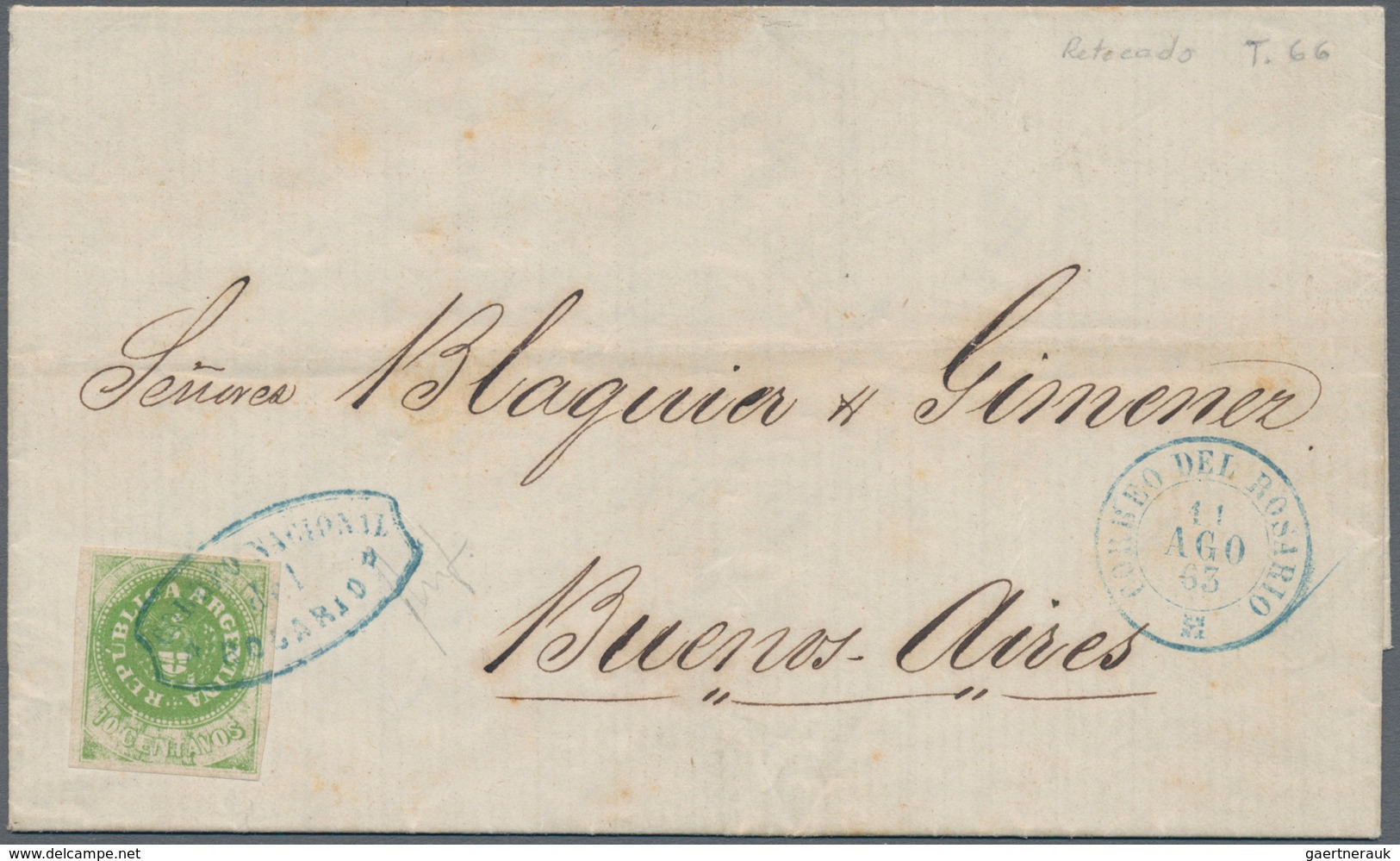 00524 Argentinien: 1862 10c. Apple Green, Type 66 With Accent, Redrawn On Entire Letter From Rosario To Bu - Altri & Non Classificati