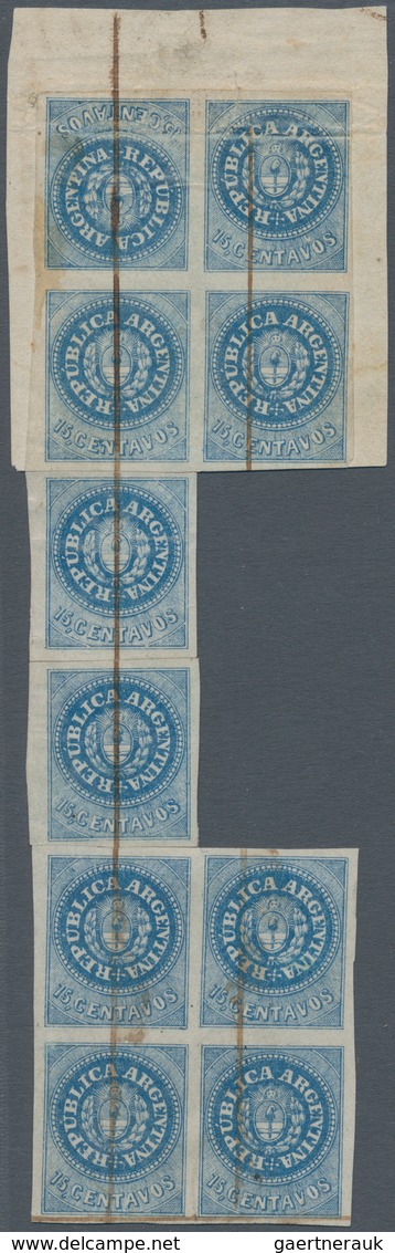 00525 Argentinien: 1862 THE UNIQUE "ESCUDITO" 15c. TÊTE-BÊCHE PAIR USED:  15c. Blue Block Of Four, Pos. 8- - Other & Unclassified