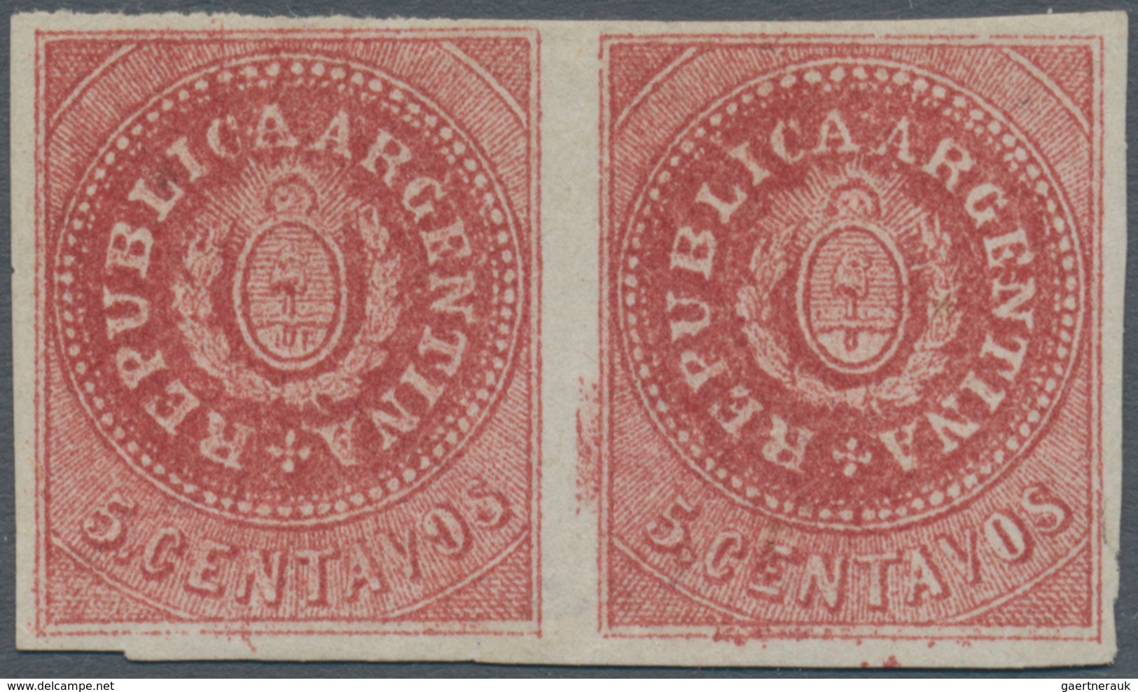 00526 Argentinien: 1864 5c. Deep Carmine, Narrow "C", No Accent, Horizontal Pair, Mounted Mint With Part O - Other & Unclassified