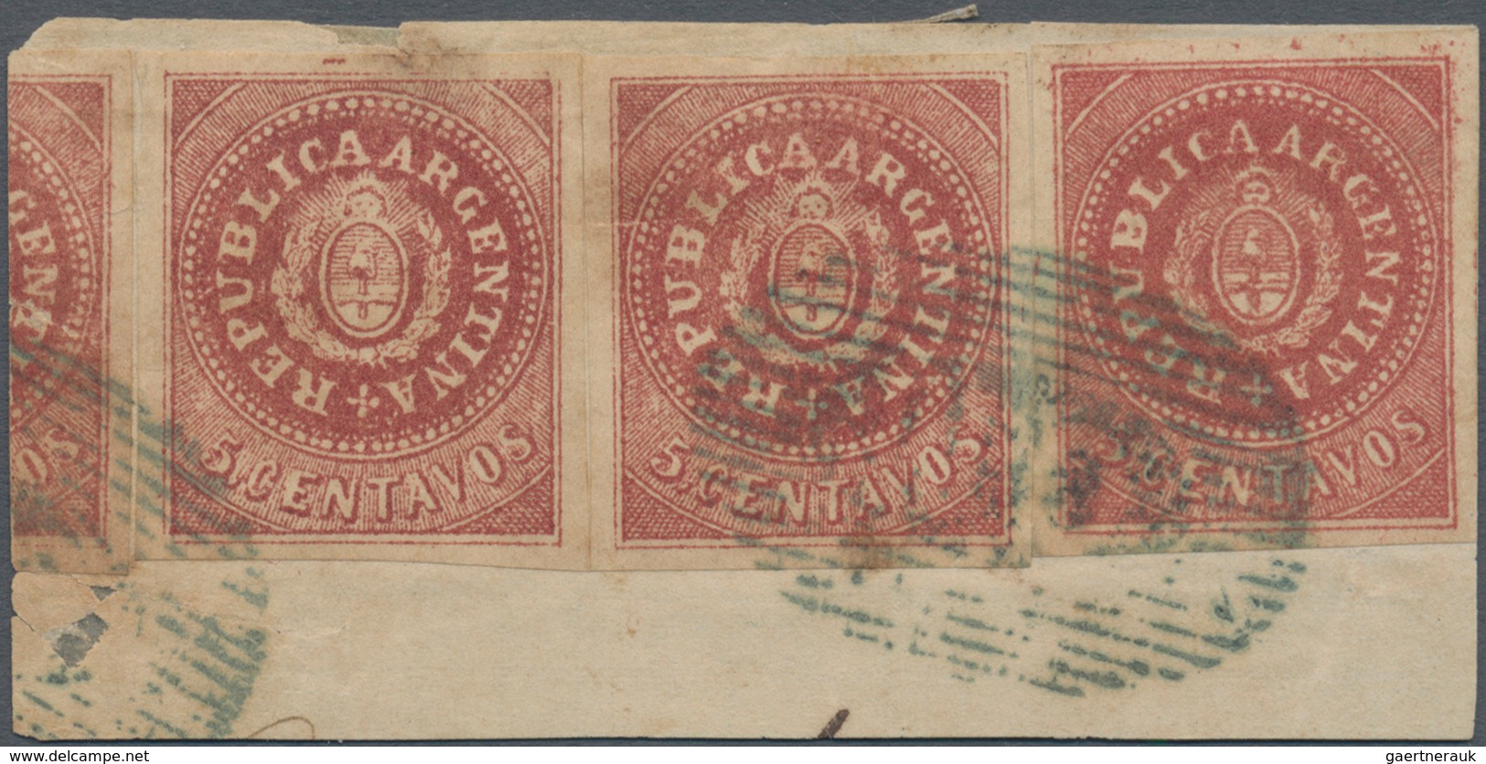 00527 Argentinien: 1864 5c. Purple, Narrow "C", Without Accent, Three Singles (with Part Of A Fourth Stamp - Altri & Non Classificati